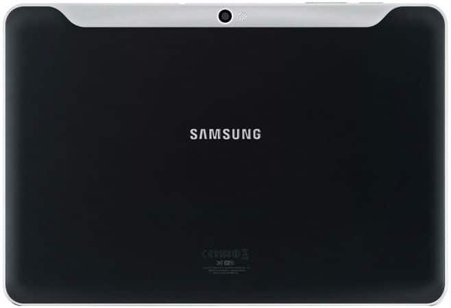 Rear view of Samsung tablet shows centered Samsung logo, top camera, and white accent strip along the upper edge. Model unspecified.