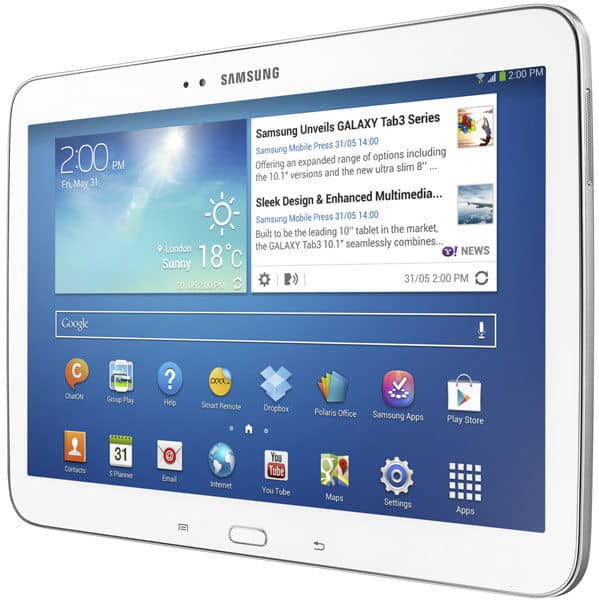 Samsung Galaxy Tab 3 in white, front view, screen on with time, weather, news, and app icons; angled slightly right.