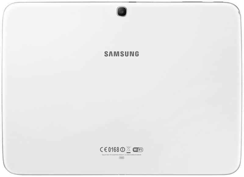 Rear view of a white Samsung tablet, likely Galaxy Tab series, with center logo, top camera, and certification marks at bottom.