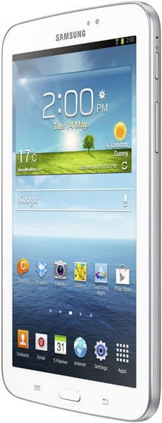 Front view of a white Samsung tablet, home screen showing 2:00 PM, May 14, app icons, and sunny London weather widget.