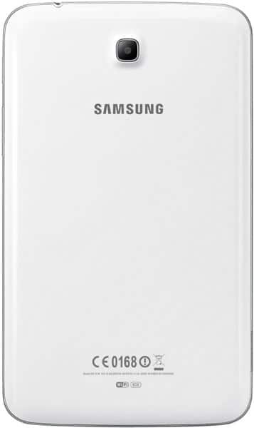 Rear view of white Samsung tablet with single top camera, centered Samsung logo, and certification details at the bottom.