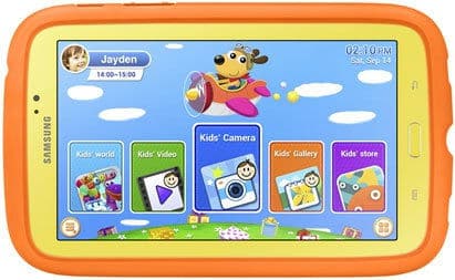 Front view of Samsung tablet with orange bumper, showing Kids mode interface and icons; time on screen is 2:10 PM.