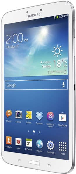 White Samsung tablet front view at slight angle, showing home screen with apps, weather (London 18°C), and time (2:00 PM).