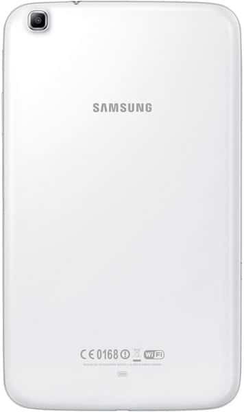 Rear view of a white Samsung tablet with camera top left, Samsung logo center, and certification symbols at the bottom.