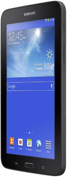 Front angled view of black Samsung tablet showing home screen with weather, time, date, and app icons.