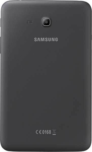 Rear view of a black Samsung tablet with top-center camera, Samsung logo below, and regulatory text at the bottom.