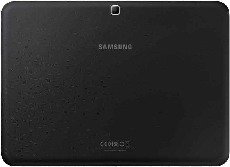 Rear view of black Samsung Galaxy tablet with centered logo, top camera, and certification markings at the bottom.