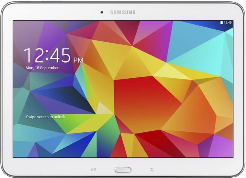 Front view of a white Samsung Galaxy tablet with geometric wallpaper, lock screen at 12:45 PM, date Monday, 16 September.