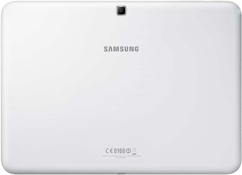 Rear view of a white Samsung tablet with centered logo, top camera lens, and certification markings at the bottom.