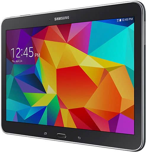 Front view of a Samsung Galaxy Tab with a black frame, displaying a geometric wallpaper, 12:45 PM, Thursday, April 24.