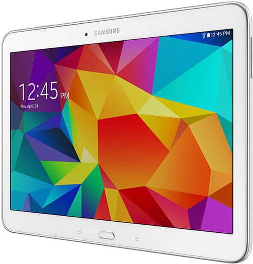 Samsung Galaxy Tab, front view, white model with display on, showing geometric wallpaper, 12:45 time, and April 24 date.