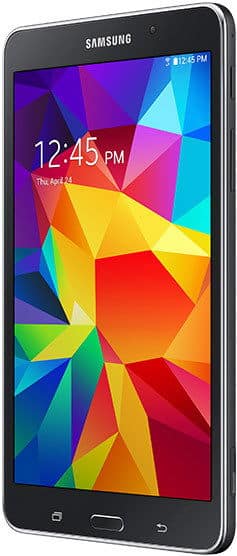 Samsung tablet, likely Galaxy Tab model, front view shows 12:45 PM, geometric wallpaper, front camera, and Samsung logo.