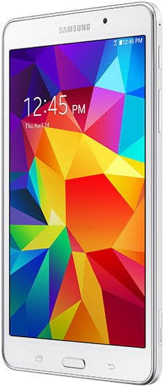 Front view of a white Samsung tablet, geometric wallpaper on screen, time 12:45 PM, date Thursday, April 24.