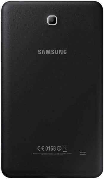 Rear view of black Samsung tablet with center logo, single top rear camera, and certification markings at the bottom.