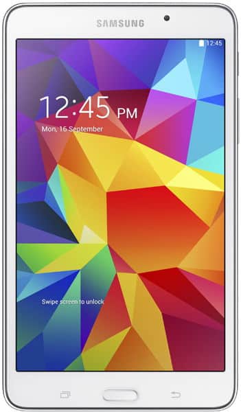 Front view of white Samsung tablet with colorful screen, 12:45 time, Sept 16 date, and "Swipe screen to unlock" prompt visible.