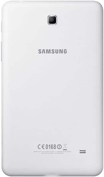 Rear view of white Samsung tablet showing top camera, center logo, bottom speaker grille, and certification details.