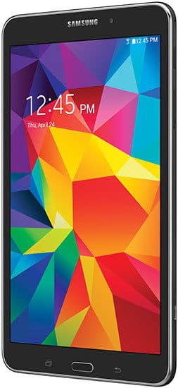 Front view of a black Samsung tablet showing geometric wallpaper, 12:45 PM time, April 24 date, front camera, and nav buttons.