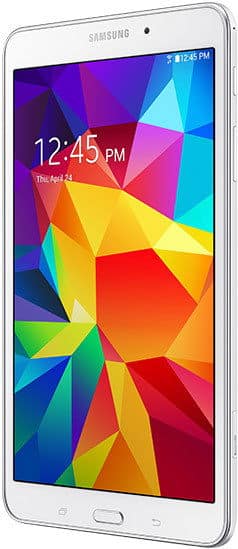 Front view of a white Samsung tablet displaying a colorful geometric wallpaper, 12:45 PM, Thursday, April 24 on screen.
