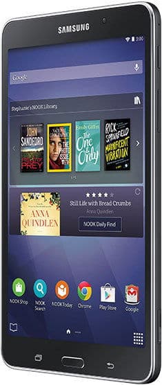 Samsung Galaxy tablet front view at a slight angle, home screen with app icons and book recommendations widget visible.