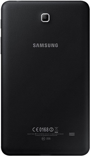 Rear view of black Samsung tablet shows centered Samsung logo, top rear camera, and certification marks at the bottom.