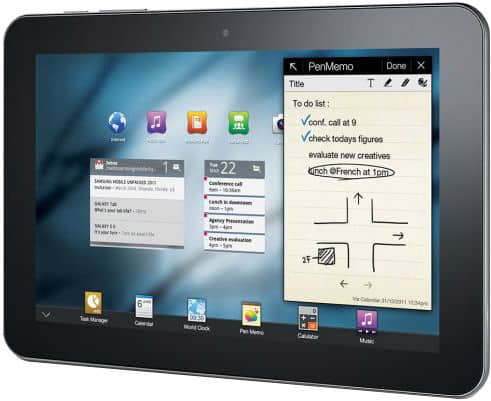 Front view of Apple iPad showing split screen: home screen apps and widgets on left, handwritten notes and diagram on right.