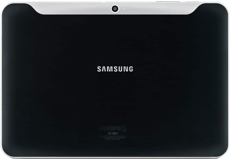 Rear view of Samsung Galaxy Tab shows black back, silver top edge, centered Samsung logo, and top-center camera lens.