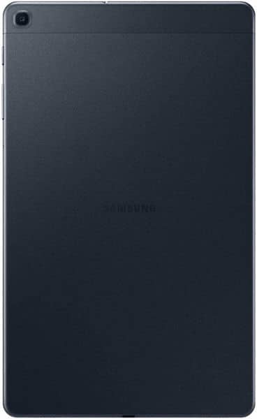 Samsung Galaxy Tab, rear view in black with centered logo and top-left camera; slim, minimalist design.
