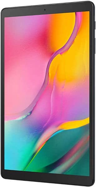 Tablet shown front angled, vibrant abstract display in pink, yellow, orange, teal; screen has diagonal glitch lines across.