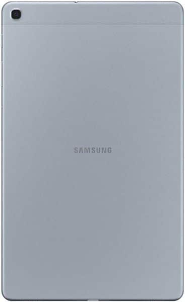 Rear view of a silver Samsung tablet with single top-left camera and central logo; minimalist rectangular design.