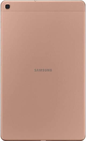 Samsung Galaxy Tab viewed from the rear, rose gold finish, rear camera top left, centered Samsung logo.