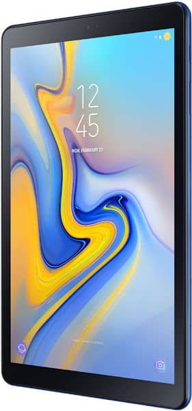 Front view of a black tablet displaying 12:45, Feb 27, with a vibrant abstract background in yellow, blue, and purple.
