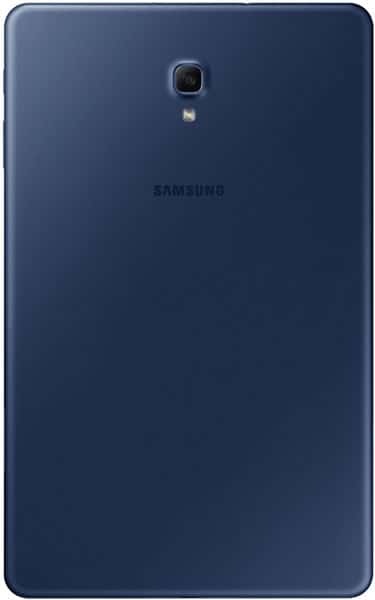 Rear view of dark blue Samsung tablet showing single camera, flash above Samsung logo, and smooth back with no other markings.