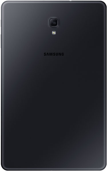 Rear view of black Samsung tablet with single rear camera, flash above it, and centered Samsung logo below the camera.