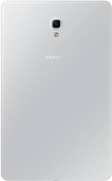 Rear view of a silver Samsung tablet showing single camera, flash underneath, and centered Samsung logo on a smooth back.