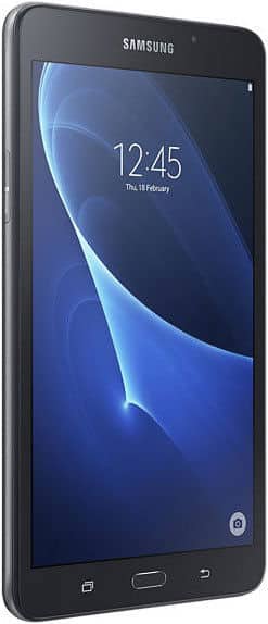Samsung tablet (front view) with screen on, blue abstract wallpaper, time 12:45, date Feb 18, Android navigation icons visible.