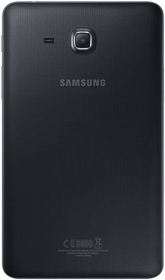 Rear view of black Samsung tablet showing Samsung logo, top-center rear camera, small speaker, and certification markings.