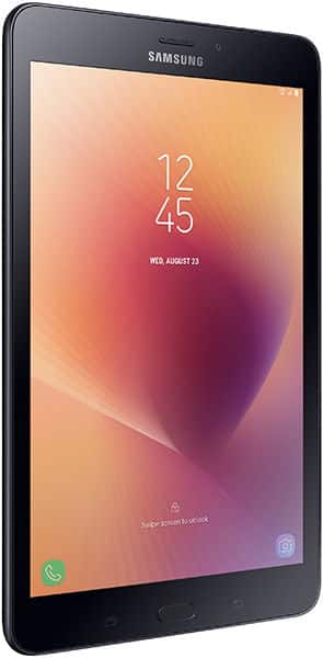 Front view of two overlapping Samsung devices with gradient screens and partial text, date visible as Wednesday, August 23.