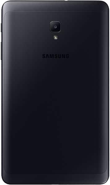 Rear view of a black tablet with a single camera and flash, matte finish, minimal branding; brand/model not specified.