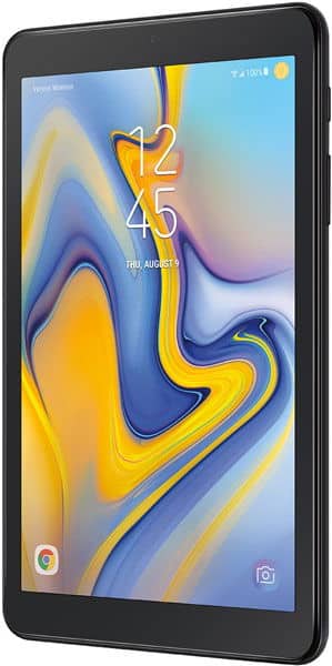 Samsung Galaxy Tab front view with colorful display, time 12:45, date Aug 9, app icons below, battery at top right.