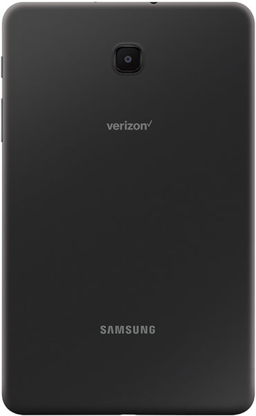 Rear view of a black Samsung Galaxy tablet with top-center camera, Verizon logo in the middle, and Samsung branding at the bottom.