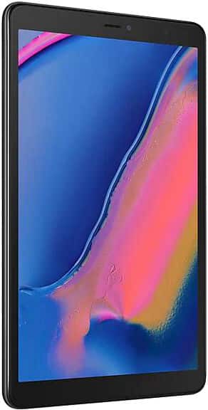 Front view: Samsung tablet beside a smartphone with gradient screen, both partially obscured by diagonal distortion lines.