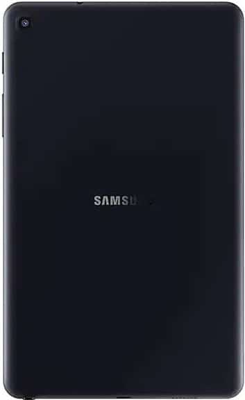 Rear view of black Samsung tablet, centered, with Samsung logo in the middle and camera at upper left. Model unspecified.