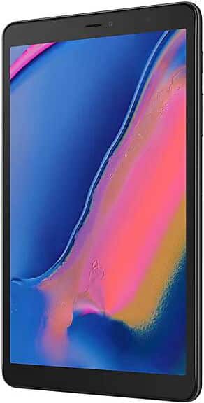 Black tablet with thin bezels, likely Apple iPad, front angled view showing vibrant blue-pink-orange gradient display.
