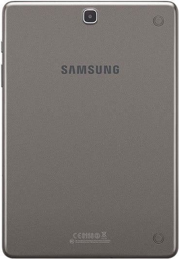 Rear view of a gray Samsung tablet with top-center camera, centered logo, plain surface, and rounded corners.