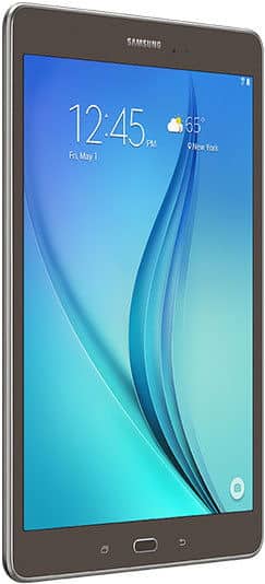 Front view of Samsung tablet with black bezel, blue gradient screen, 12:45 PM time, weather, May 1 date, and home button.