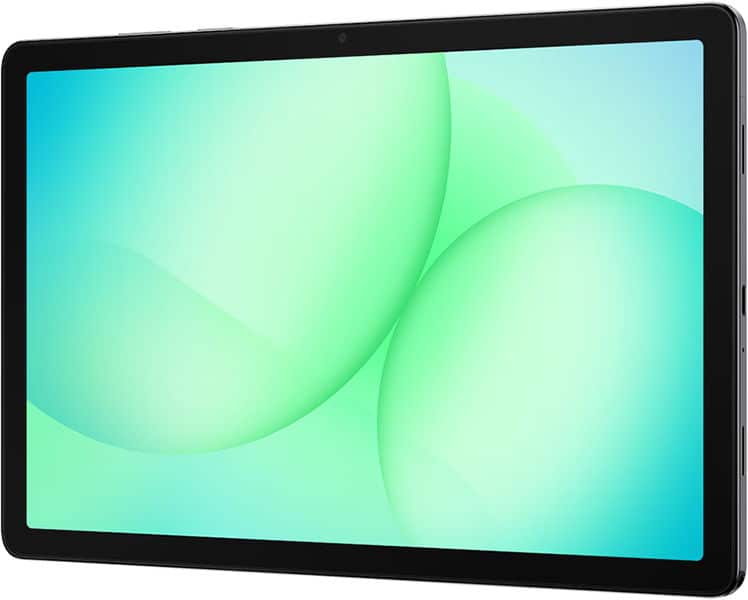 Black tablet, slim bezel, green-blue abstract wallpaper; screen on, angled front-right view. Brand/model unspecified.