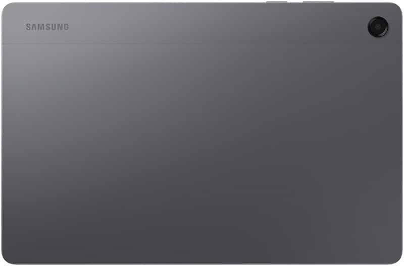 Rear view of gray Samsung Galaxy Tab; rear camera in top right, Samsung logo on left, sleek metallic finish.