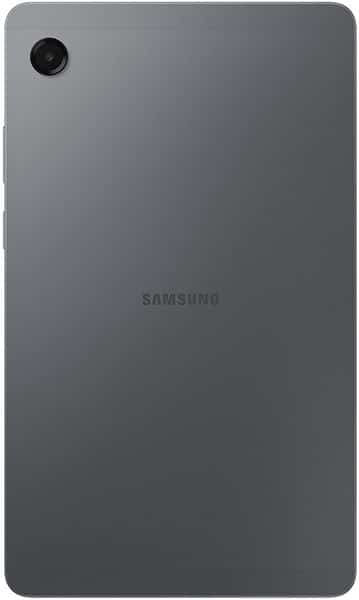 Samsung tablet (model unspecified), rear view in dark gray with centered logo, abstract white lines and black shapes overlay.