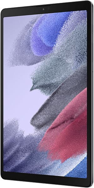 Samsung Galaxy Tab S9, black, front angled view, screen on with colorful abstract art, against a white background.