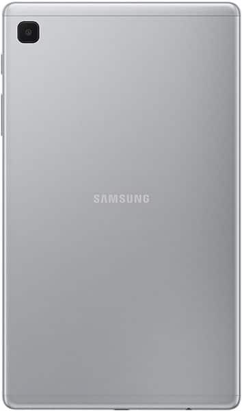 Rear view of a silver Samsung Galaxy tablet with off-center logo and diagonal reflections on the metallic back.